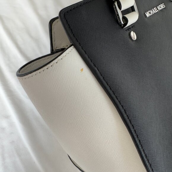 Michael Kors Selma Saffiano Leather Colour Block Medium Satchel Bag Black White - Picture 7 of 12